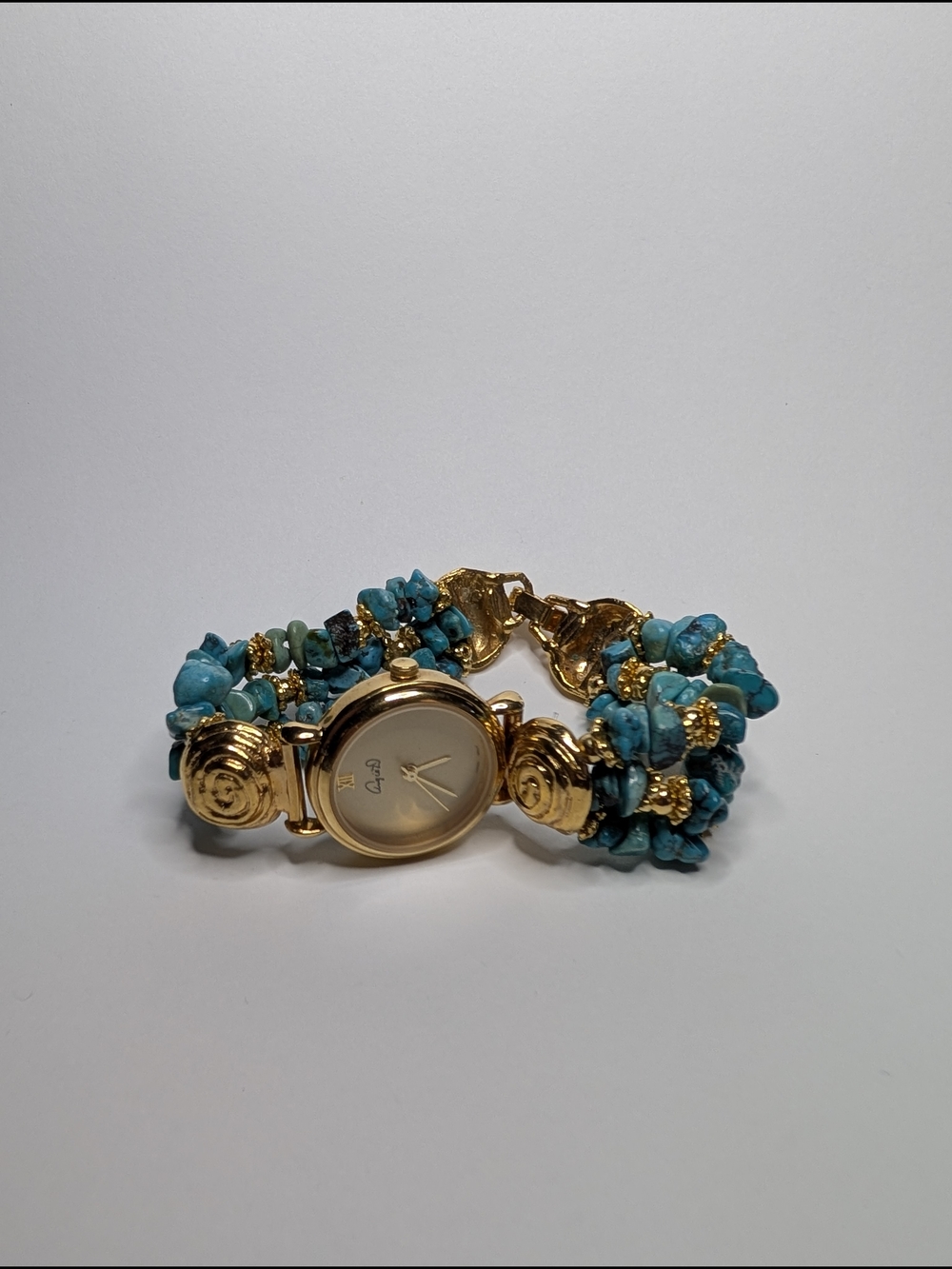 Boho Gold Tone Watch Bracelet with Turquoise Chip Band Angie D